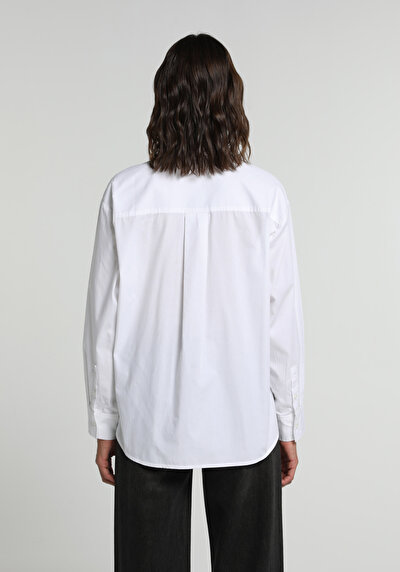 Image de Chemise À Manches Longues Blanc Boyfriend Fit Droit Popeline Femme