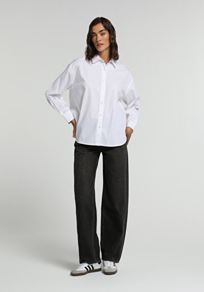 Image de Chemise À Manches Longues Blanc Boyfriend Fit Droit Popeline Femme