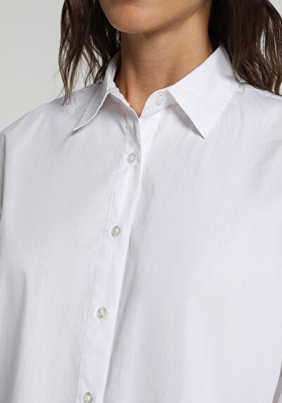 Image de Chemise À Manches Longues Blanc Boyfriend Fit Droit Popeline Femme