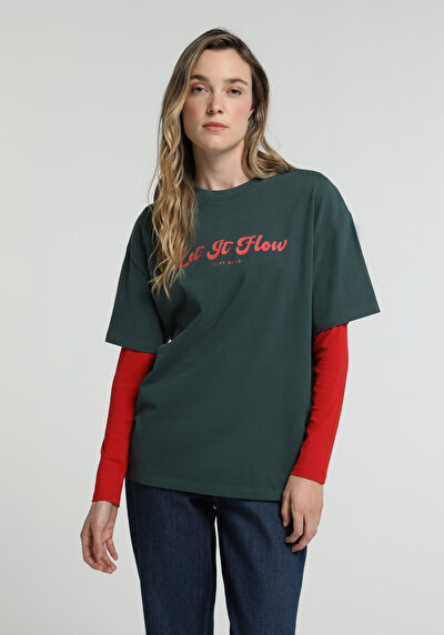 Image de T-shirt À Manches Courtes Vert Oversize Fit Imprimé Femme