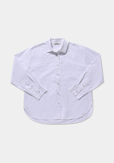 Image de Chemise À Manches Longues Blanc Boyfriend Fit Droit Popeline Femme