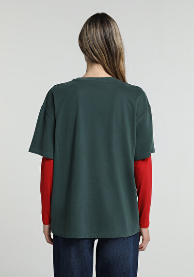 Image de T-shirt À Manches Courtes Vert Oversize Fit Imprimé Femme