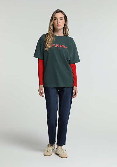 Image de T-shirt À Manches Courtes Vert Oversize Fit Imprimé Femme