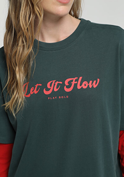Image de T-shirt À Manches Courtes Vert Oversize Fit Imprimé Femme