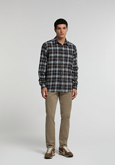 Image de Chemise À Manches Longues Marron Relaxed Fit Plaid Flanelle Homme