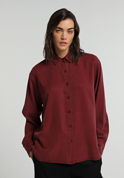 Image de Chemise À Manches Longues Bordeaux Boyfriend Fit Droit Sergé Femme