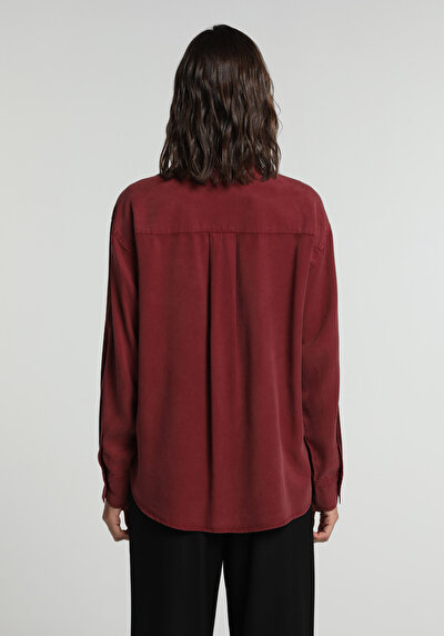 Image de Chemise À Manches Longues Bordeaux Boyfriend Fit Droit Sergé Femme