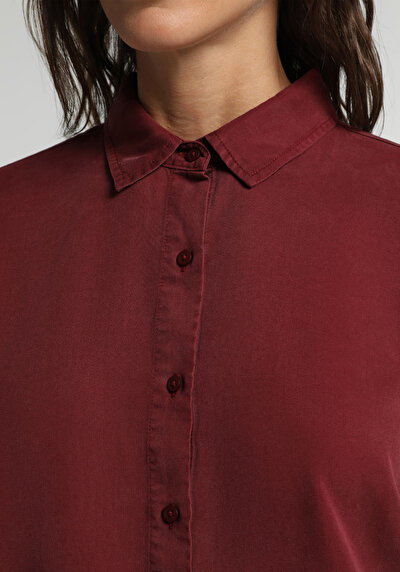 Image de Chemise À Manches Longues Bordeaux Boyfriend Fit Droit Sergé Femme
