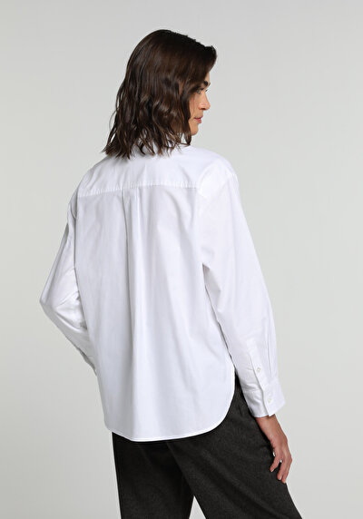 Image de Chemise À Manches Longues Blanc Boyfriend Fit Droit Oxford Femme