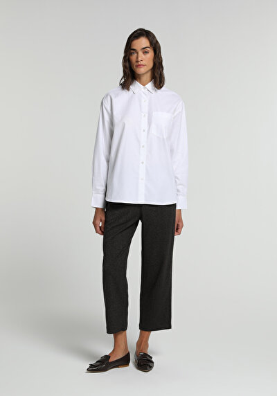 Image de Chemise À Manches Longues Blanc Boyfriend Fit Droit Oxford Femme