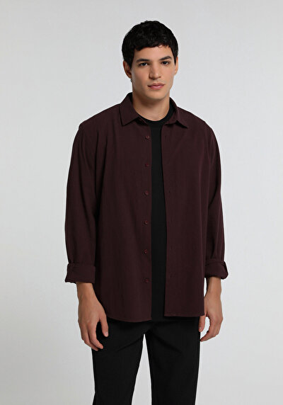 Image de Chemise À Manches Longues Bordeaux Regular Fit Droit Crêpe Homme