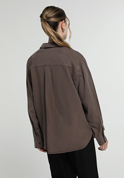 Image de Chemise À Manches Longues Marron Boyfriend Fit Droit Sergé Femme
