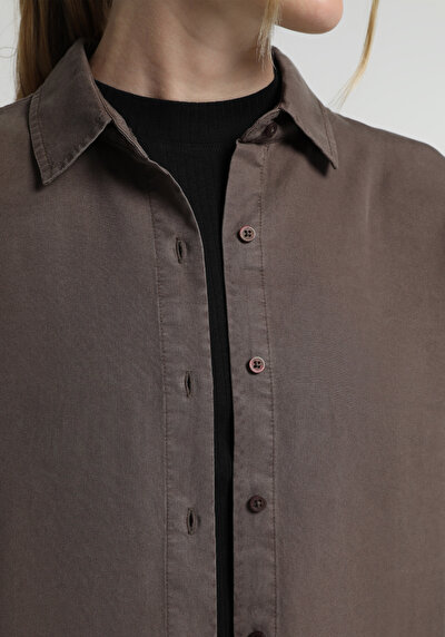 Image de Chemise À Manches Longues Marron Boyfriend Fit Droit Sergé Femme