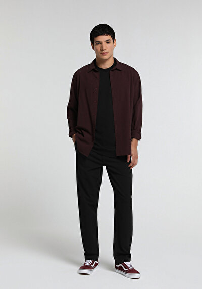 Image de Chemise À Manches Longues Bordeaux Regular Fit Droit Crêpe Homme