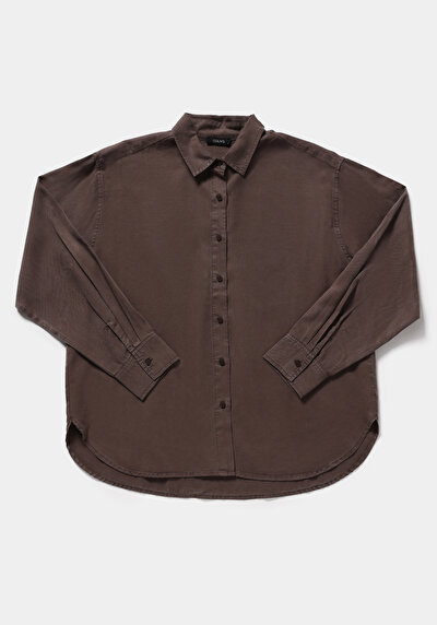 Image de Chemise À Manches Longues Marron Boyfriend Fit Droit Sergé Femme