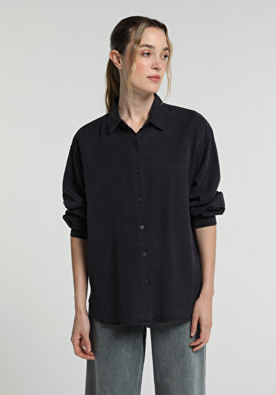 Image de Chemise À Manches Longues Marine Boyfriend Fit Droit Sergé Femme