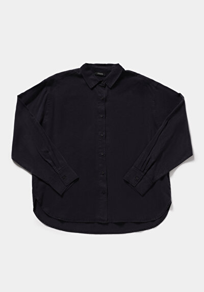 Image de Chemise À Manches Longues Marine Boyfriend Fit Droit Sergé Femme