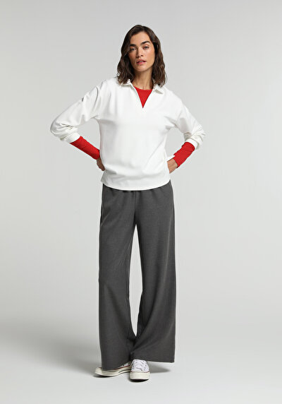 Image de Pantalon Anthracite Wide Leg High Rise Sergé Regular Fit Femme