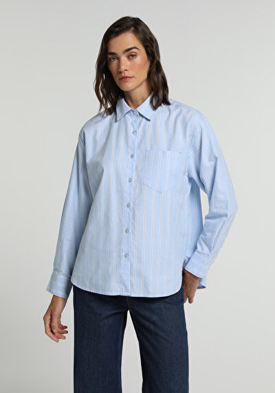 Image de Chemise À Manches Longues Bleu Boyfriend Fit Rayé Oxford Femme