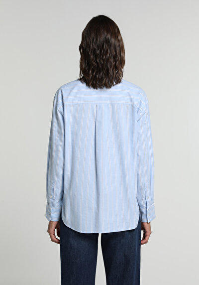 Image de Chemise À Manches Longues Bleu Boyfriend Fit Rayé Oxford Femme