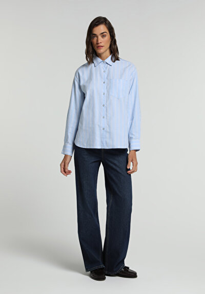 Image de Chemise À Manches Longues Bleu Boyfriend Fit Rayé Oxford Femme