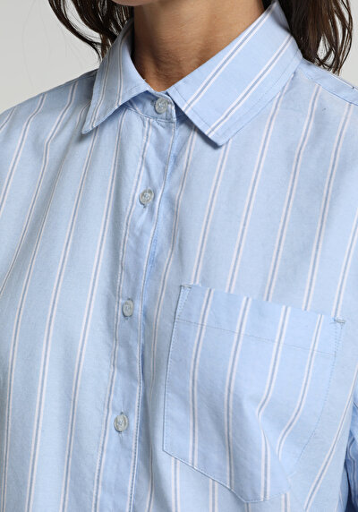 Image de Chemise À Manches Longues Bleu Boyfriend Fit Rayé Oxford Femme