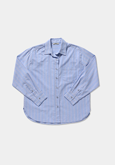 Image de Chemise À Manches Longues Bleu Boyfriend Fit Rayé Oxford Femme