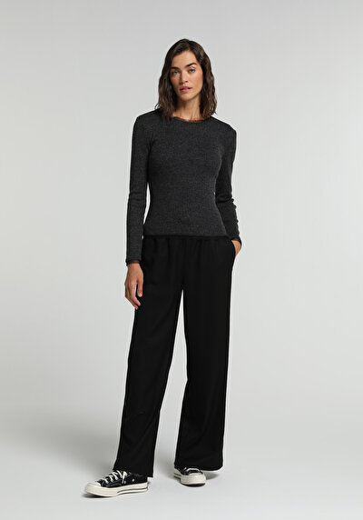Image de Pantalon Noir Wide Leg High Rise Sergé Regular Fit Femme