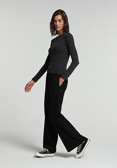 Image de Pantalon Noir Wide Leg High Rise Sergé Regular Fit Femme