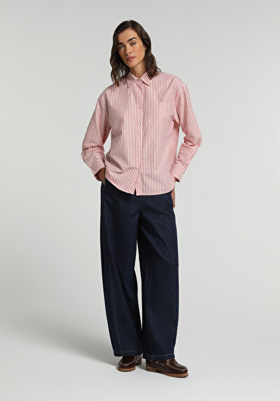 Image de Chemise À Manches Longues Rouge Boyfriend Fit Rayé Oxford Femme