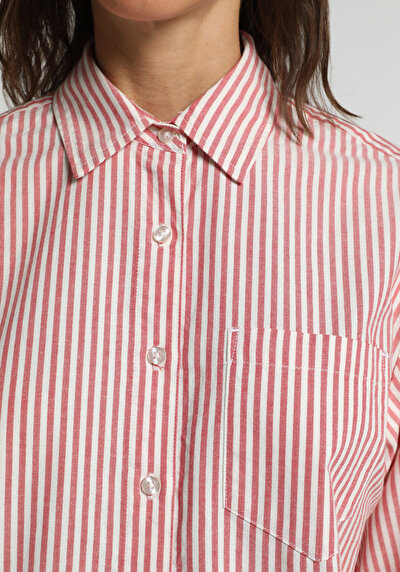 Image de Chemise À Manches Longues Rouge Boyfriend Fit Rayé Oxford Femme
