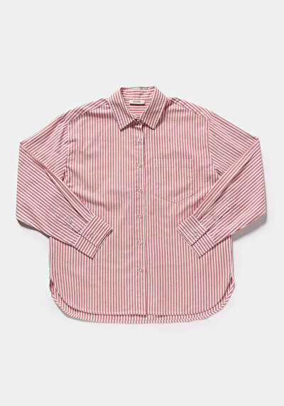 Image de Chemise À Manches Longues Rouge Boyfriend Fit Rayé Oxford Femme