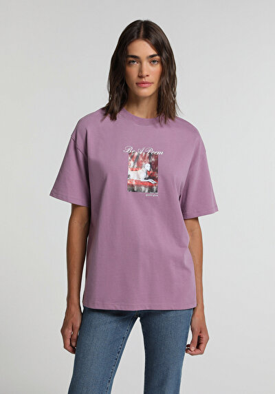 Image de T-shirt À Manches Courtes Violet Oversize Fit Imprimé Femme