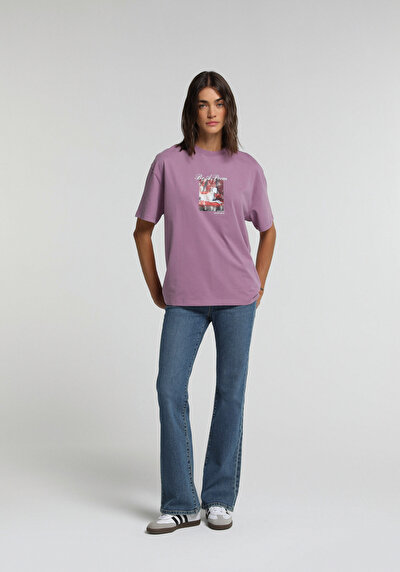 Image de T-shirt À Manches Courtes Violet Oversize Fit Imprimé Femme