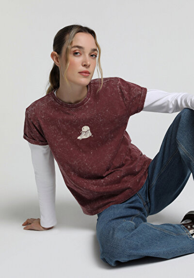 Image de T-shirt À Manches Courtes Bordeaux Slim Fit Imprimé Femme