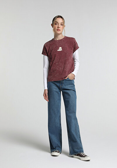 Image de T-shirt À Manches Courtes Bordeaux Slim Fit Imprimé Femme