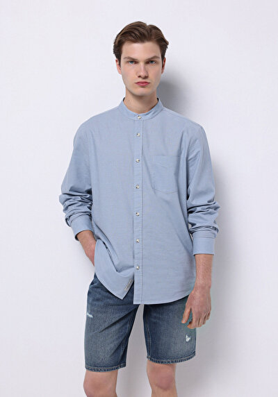 Image de Chemise À Manches Longues Bleu Regular Fit Droit Lin Homme