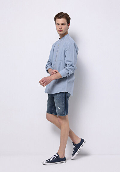 Image de Chemise À Manches Longues Bleu Regular Fit Droit Lin Homme