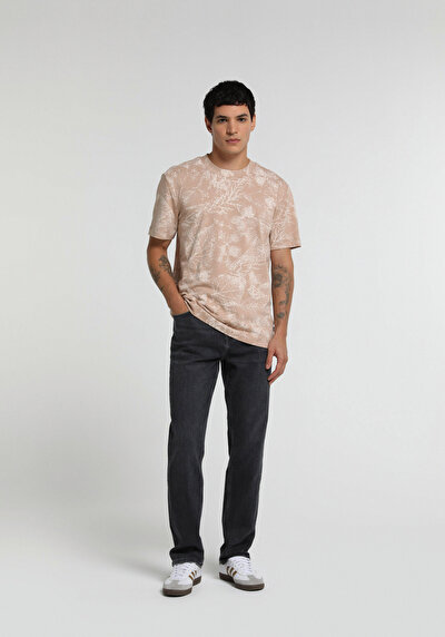 Image de T-shirt À Manches Courtes Beige Regular Fit Imprimé Homme