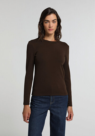Image de T-shirt À Manches Longues Marron Slim Fit Femme
