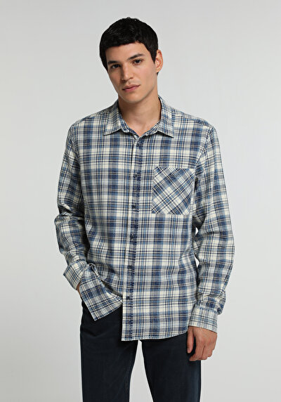 Image de Chemise À Manches Longues Bleu Regular Fit Plaid Sergé Homme