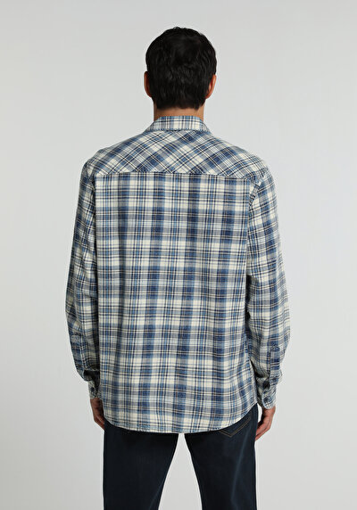 Image de Chemise À Manches Longues Bleu Regular Fit Plaid Sergé Homme