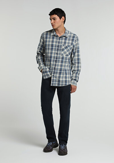 Image de Chemise À Manches Longues Bleu Regular Fit Plaid Sergé Homme