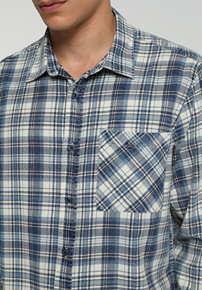 Image de Chemise À Manches Longues Bleu Regular Fit Plaid Sergé Homme