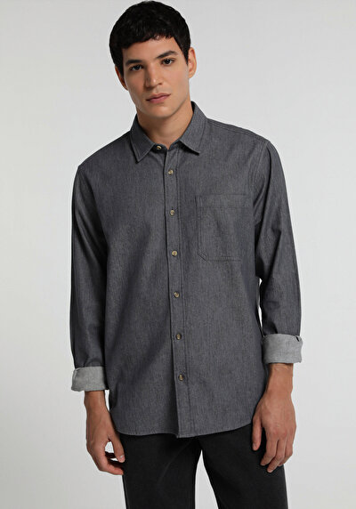Image de Chemise À Manches Longues Anthracite Regular Fit Droit Sergé Homme