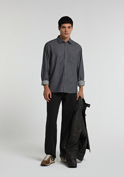 Image de Chemise À Manches Longues Anthracite Regular Fit Droit Sergé Homme
