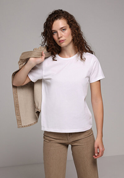 Image de T-shirt À Manches Courtes Blanc Regular Fit Droit Femme