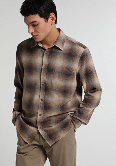 Image de Chemise À Manches Longues Marron Regular Fit Plaid Sergé Homme