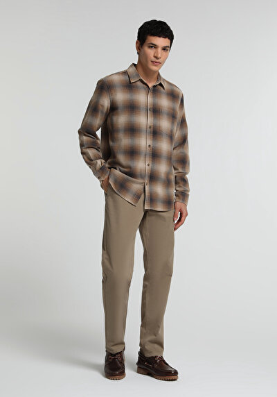 Image de Chemise À Manches Longues Marron Regular Fit Plaid Sergé Homme