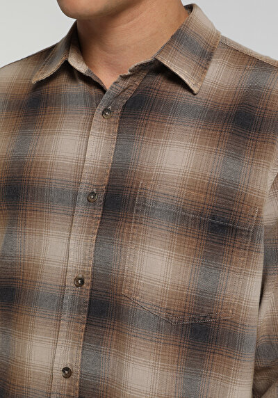 Image de Chemise À Manches Longues Marron Regular Fit Plaid Sergé Homme